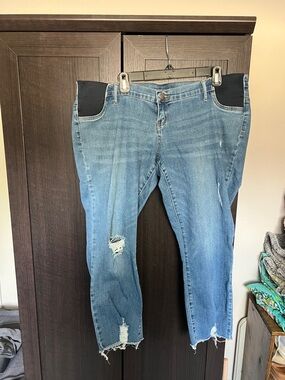 Indigo Blue Light Wash Distressed Ankle Jeans with Black Stretch Panels